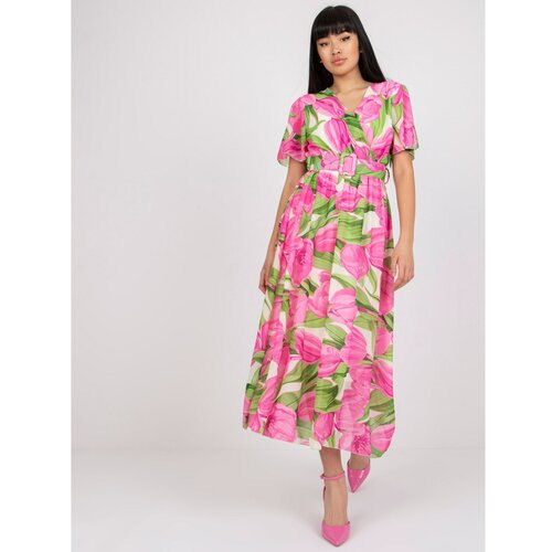 Fashion Hunters Pink and green floral dress with an envelope neckline Slike