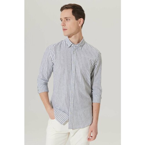 ALTINYILDIZ CLASSICS Men's White-khaki Slim Fit Slim Fit Slim Fit Hidden Button Collar Cotton Striped Linen Shirt. Slike