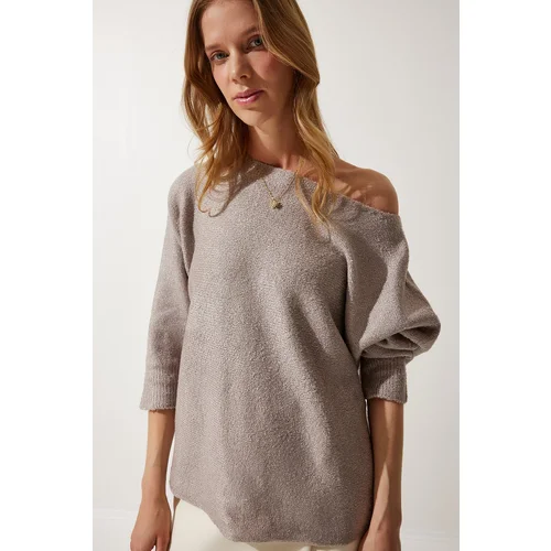  Women's Beige Boat Neck Seasonal Oversize Knitwear Sweater