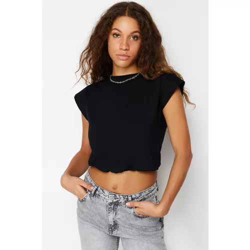 Trendyol Black 100% Cotton Stopper Moon Sleeve Crop Knitted T-Shirt