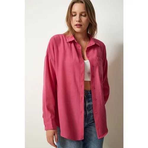 Happiness İstanbul Women's Pink Oversize Linen Ayrobin Shirt