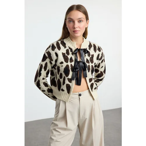 Trendyol Stone Leopard Patterned Crop Knitwear Cardigan