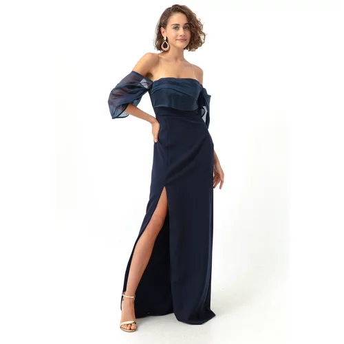 Lafaba Women's Navy Blue Princess Sleeve Organza Long Evening Dress