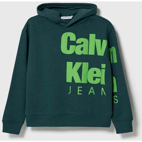 Calvin Klein Jeans Otroški pulover zelena barva, s kapuco