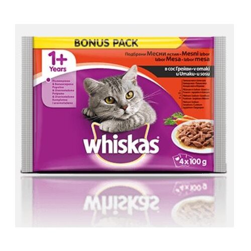 Whiskas Multipack vrećica za mačke Tradicionalni izbor Meso/Povrće u umaku , potpuna hrana s piletinom i gra&amp;scaron;kom, s govedinom, s puretinom, s janjetinom i mrkvom, 4x100 Slike