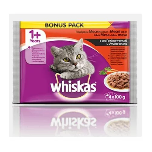Whiskas Multipack vrećica za mačke Tradicionalni izbor Meso/Povrće u umaku , potpuna hrana s piletinom i graškom, s govedinom, s puretinom, s janjetinom i mrkvom, 4x100