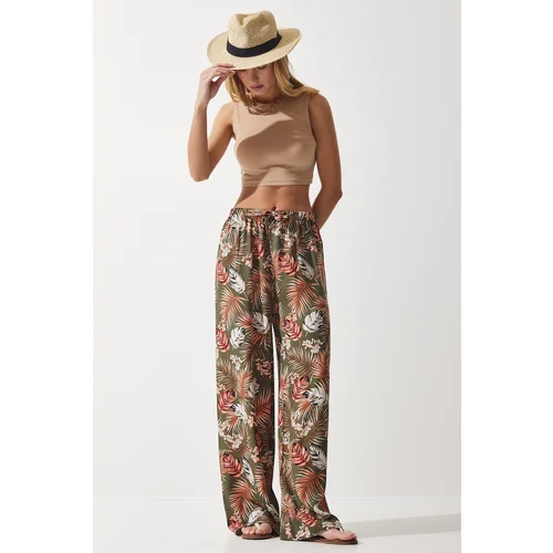  Women's Khaki Tile Patterned Flowing Viscose Palazzo Trousers