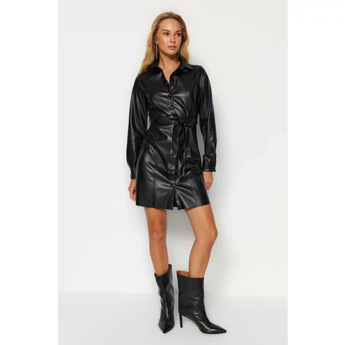 Trendyol Black Faux Leather Strap Mini Dress with Buttons, Shirt Collar