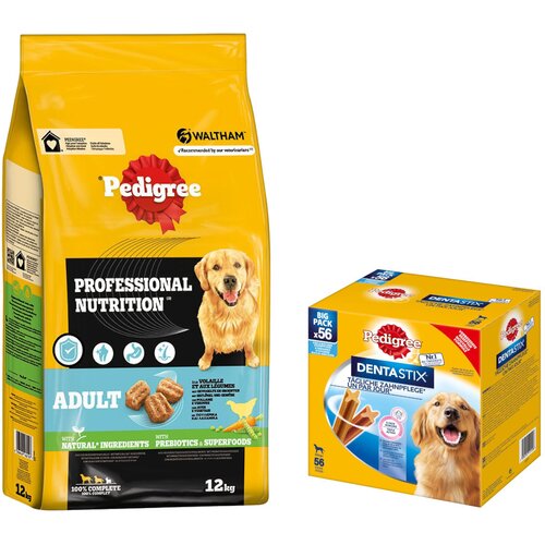 Pedigree Professional Nutrition Adult 12 kg + Dentastix 56 kosov po posebni ceni! - Adult s perutnino in zelenjavo 12 kg + Multi pakiranje Dentastix (56 kosov) za velike pse (>25 kg) Cijene