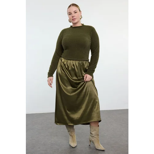 Trendyol Curve Khaki Midi Length Satin Woven Mix Knitwear Dress