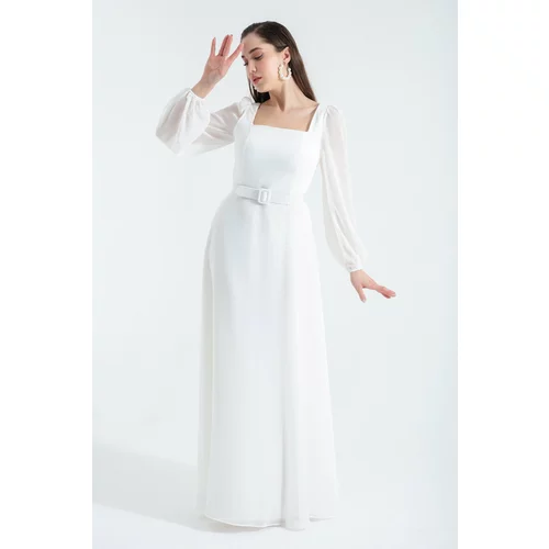 Lafaba Women's White Square Neck Long Chiffon Evening Dress