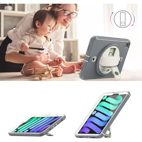 NIKCORP Ovitek za iPad Mini 6 8.3&amp;quot; s stojalom in držalom za pisalo, trpežna trislojna za&amp;scaron;čita in vrtljiv ročaj, sive barve, (5000138975) Slike