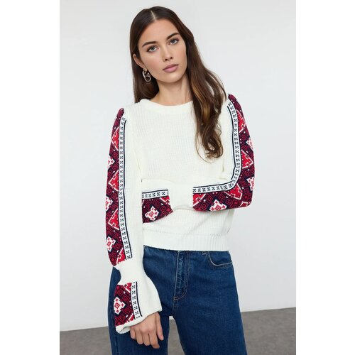 Trendyol Ecru Embroidery Patterned Knitwear Sweater Slike