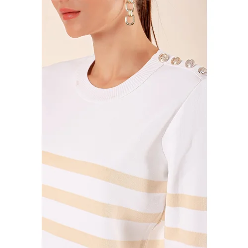 Bigdart 15820 Button Detailed Striped Sweater - C. Beige