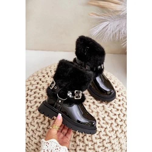 FR1 Lacquered Girls Boots With Fur And Buckles Black Cartemes