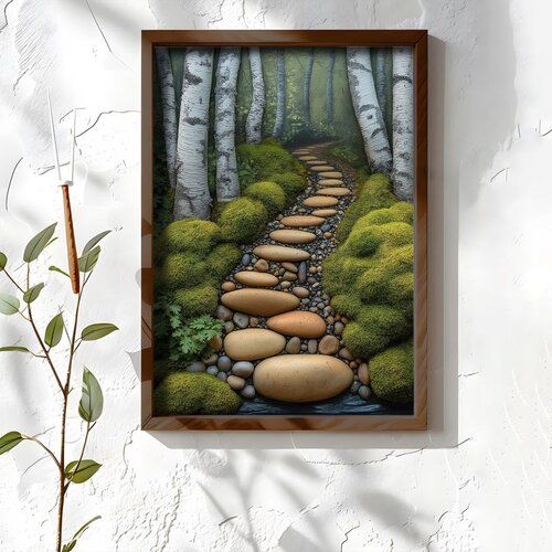 Wallxpert uramljena MDF slika NAL083-46, staza od oblutaka kroz mahovinu i brezovu šumu, 35,5 x 47 cm Cene