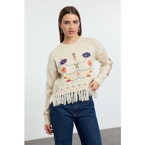 Trendyol Ecru Soft Texture Tassel Embroidered Knitwear Sweater Slike