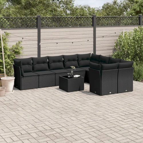 vidaXL 10-dijelni set vrtnih sofa s jastucima crni od poliratana