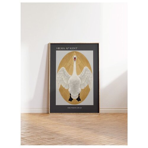 Wallxpert uramljena slika 115230, The White Swan Hilme af Klint, beli labud u zlatnom ovalu, 30 x 40 cm, ram u boji prirodnog drveta Slike