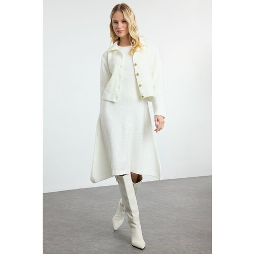 Trendyol Ecru Midi Knitwear Jacket Look Cardigan-Dress Set Slike