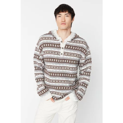 Trendyol Beige Men's Oversize Fit Oversized Hooded Jacquard Knitwear Sweater