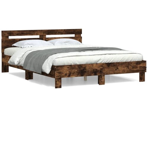 VidaXL Posteljni okvir z vzglavjem dimljen hrast 150x200 cm inž. les Slike