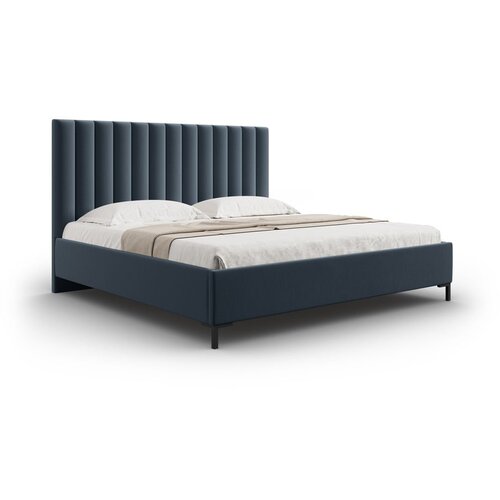 Mazzini Beds Temno modra oblazinjena zakonska postelja s prostorom za shranjevanje z letvenim dnom 200x200 cm Casey &amp;ndash; Slike