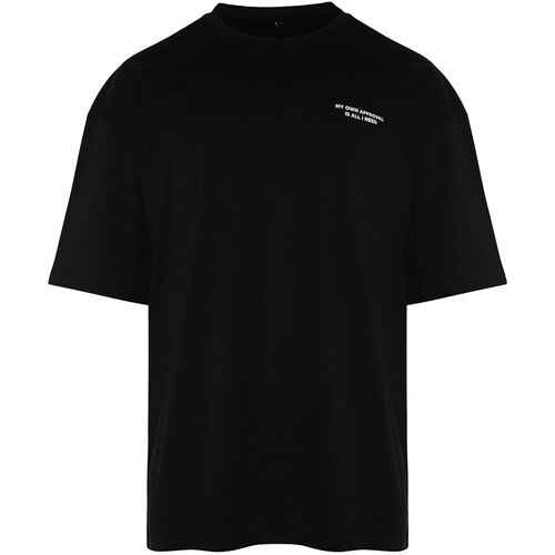 Trendyol Black Men's Oversize/Wide Cut Crew Neck Text Printed Short Sleeve 100% Cotton T-Shirt Cene