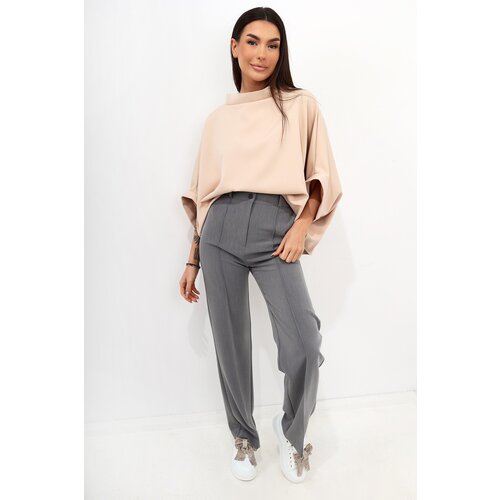 Fasardi Oversized kimono blouse with stand-up collar, light beige Slike