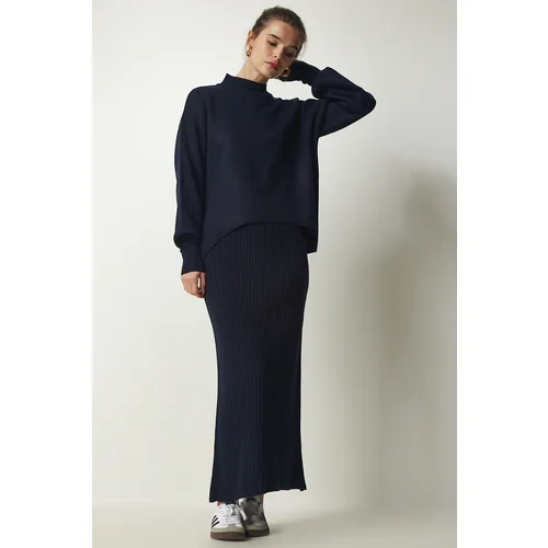 Happiness İstanbul Women's Navy Blue Corded Knitwear With Sweater Dress