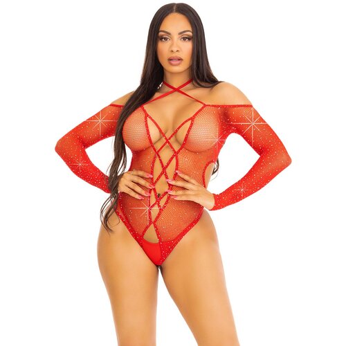 Leg Avenue Crotchless Teddy with Halter 89316 Red Cene