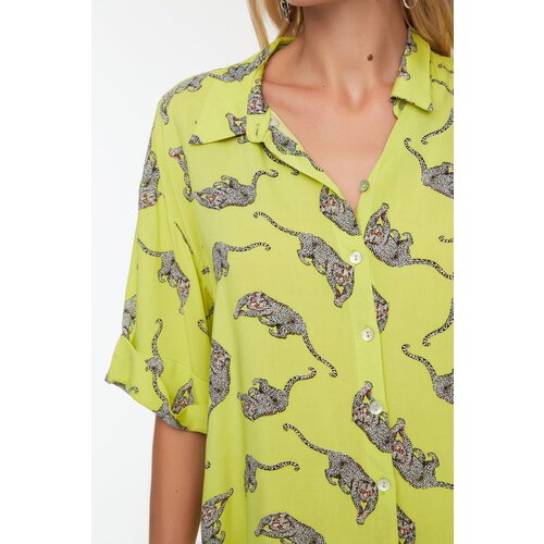 Trendyol Light Green Cheetah Patterned Viscose Shirt Bottom-Top Set Cene