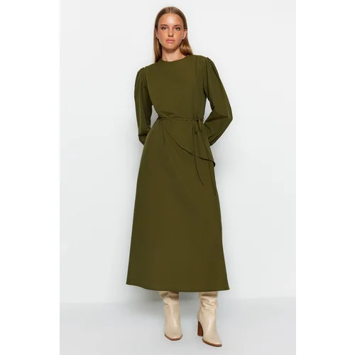 Trendyol Khaki Belted Front Split Cotton Woven Dress