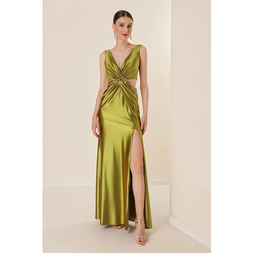 By Saygı Double-breasted Collar Lined Waist Decollete Chain Detail Long Satin Dress Pistachio Green.