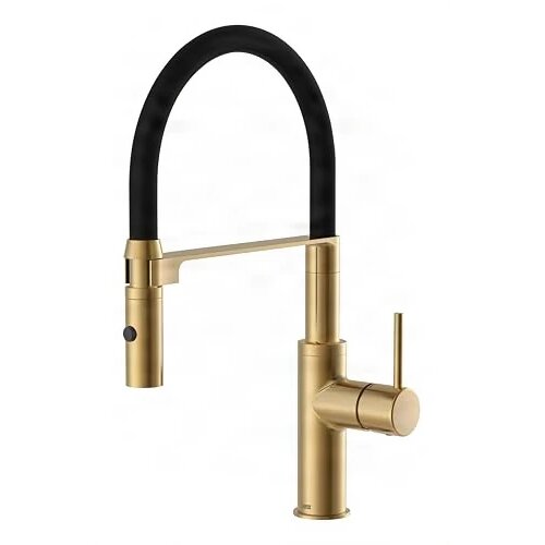 ELITE EDITION Kuhinjska armatura KF1445 v mat zlati izvedbi s prožno pr&amp;scaron;no glavo in dvema vrstama curka &amp;mdash; Krom Slike