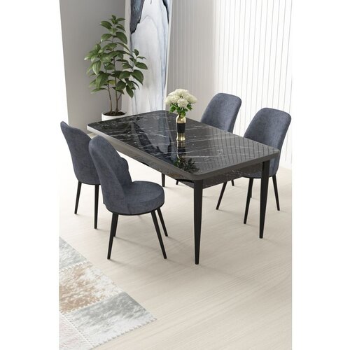 Hanah home Nil - Black Marble, Fume Black MarbleFume Dining Table & Chairs Set (5 Pieces) Cene