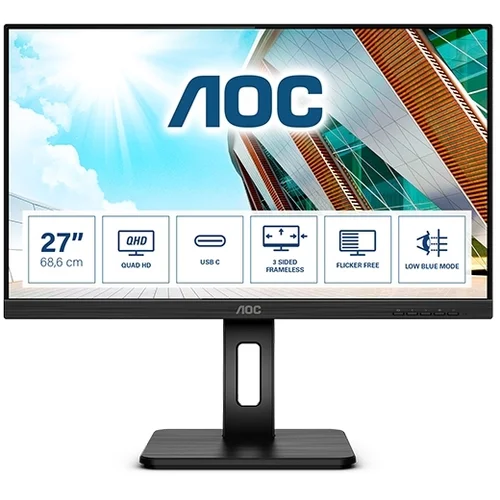 AOC Monitor LED Q27P2CA 27” USB-C, 2560×1440, IPS, 4 ms, 75Hz, HDMI, DP, USB-C 3.2 x 1 (DP alt mode, upstream, power delivery up to 65 W), Full Ergonomic, 3y