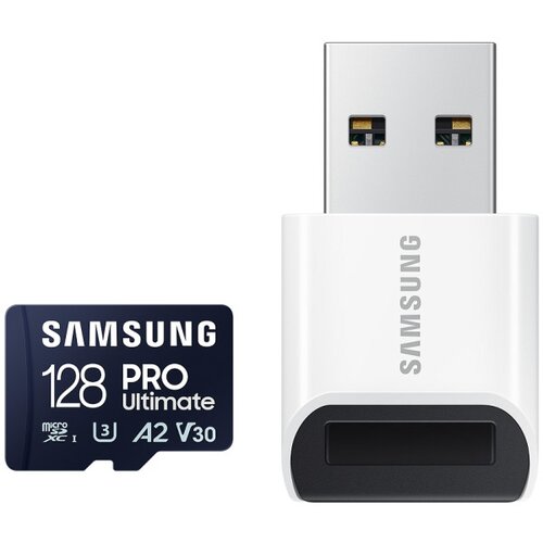 Samsung microsd 128GB, pro ultimate, sdxc, uhs-i U3 V30 A2, read up to 200MB/s, write up to 130 mb/s, for 4K and fullhd video recording, w/usb card Slike