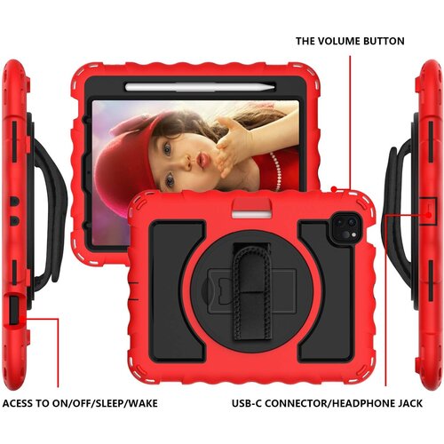 NIKCORP Ovitek za iPad Pro 11&amp;quot; s stojalom, ročajem in naramnim trakom, trislojna za&amp;scaron;čita pred udarci, prostor za pisalo, rdeč, (5000138896) Slike