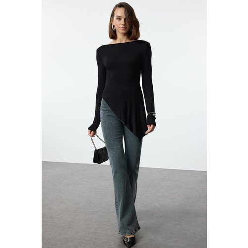 Trendyol Black Viscose/Soft Fabric Asymmetric Flexible Knitted Blouse Slike