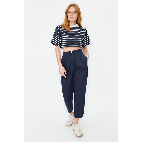 Trendyol Navy Blue Cotton Carrot Pattern Stripe Detailed Woven Trousers Cene