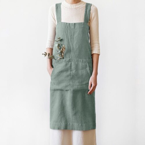 Linen Tales Zelen lanen predpasnik Crossback, dolžina 80 cm Cene