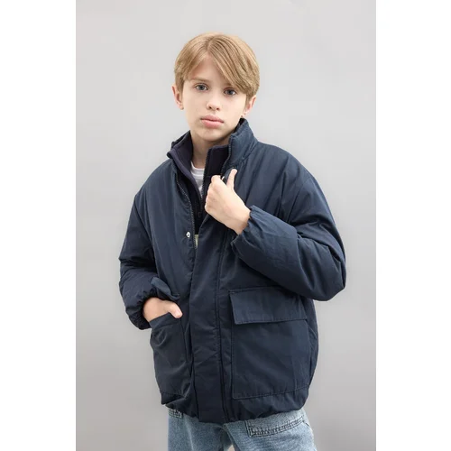 Defacto Boy's Water Repellent Stand Collar Zippered Snap Closure Pocket Coat