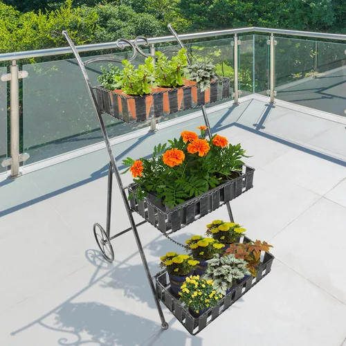 Outsunny balkonski sadilnik s 3 policami in 2 kolesi, kovinsko držalo za vrtne rastline 53x39x78cm, črno, (20708478)