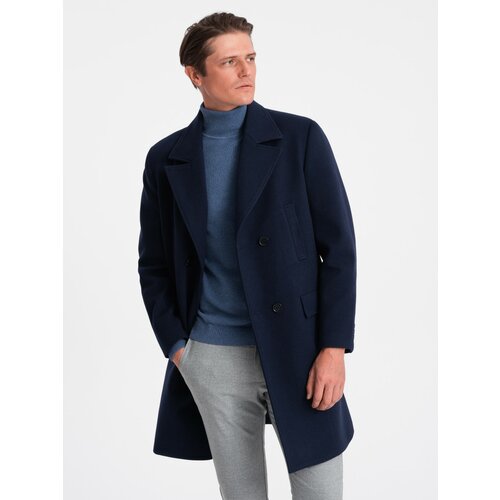 Ombre Men's double-breasted lined coat - navy blue Cene