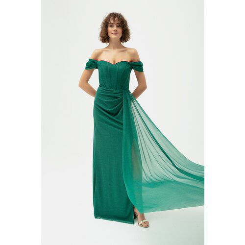 Lafaba Women's Emerald Green Underwire Corset Detailed Silvery Long Evening Dress Slike