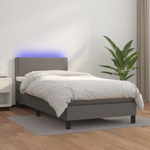 vidaXL Box spring postelja z vzmetnico LED siva 100x200cm umetno usnje