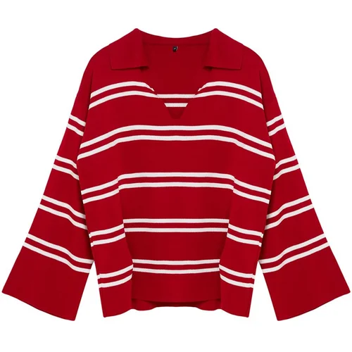 Trendyol Curve Red Striped Knitwear Sweater