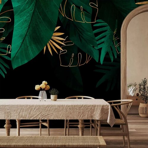  Foto tapeta - Jungle and composition - motif of green and golden leaves on a black background 150x105 Cene