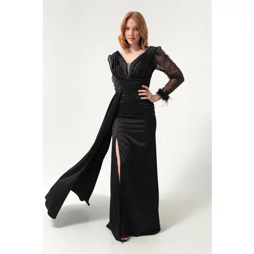 Lafaba Women's Black V-Neck Long Evening Dress with Slits.